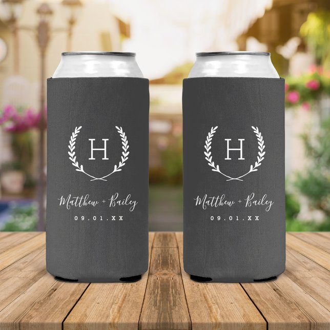 Laurel Crest Wedding Monogram | Charcoal Seltzer Can Cooler (Creator Uploaded)