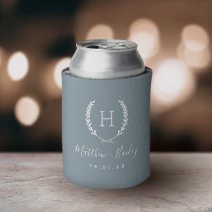 Laurel Crest Wedding Monogram   Dusty Blue Can Cooler