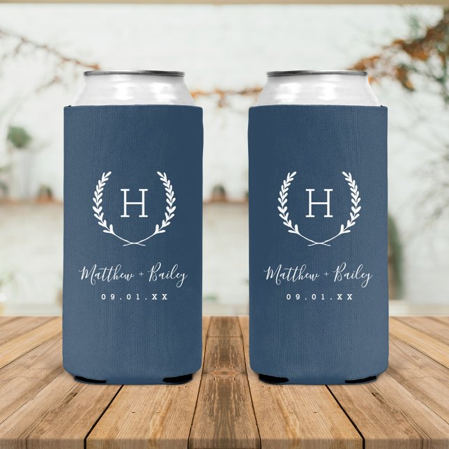 Laurel Crest Wedding Monogram | Lake Blue Seltzer Can Cooler (Creator Uploaded)