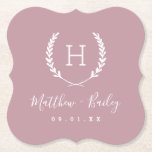 Laurel Crest Wedding Monogram | Mauve Paper Coaster<br><div class="desc">Personalize the template with the bride and groom's names or monogram initials. Add your wedding date, the city, state or venue name or any other custom text. This modern rustic logo-style design has a laurel branch frame with your monogram initial. Use the design tools to choose any colours, edit the...</div>