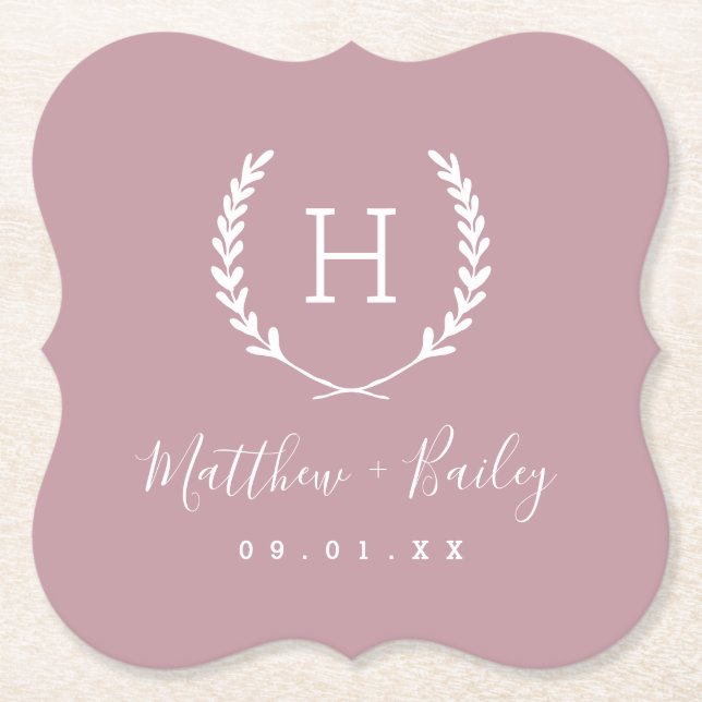 Laurel Crest Wedding Monogram | Mauve Paper Coaster (Front)