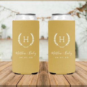 Laurel Crest Wedding Monogram Mustard Seltzer Can Cooler