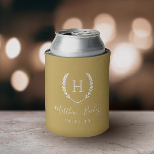 Laurel Crest Wedding Monogram   Mustard Yellow Can Cooler