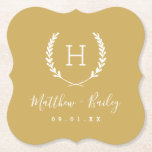 Laurel Crest Wedding Monogram | Mustard Yellow Paper Coaster<br><div class="desc">Personalize the template with the bride and groom's names or monogram initials. Add your wedding date, the city, state or venue name or any other custom text. This modern rustic logo-style design has a laurel branch frame with your monogram initial. Use the design tools to choose any colours, edit the...</div>