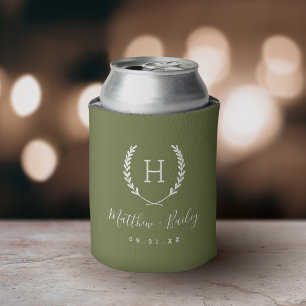 Laurel Crest Wedding Monogram   Olive Green Can Cooler
