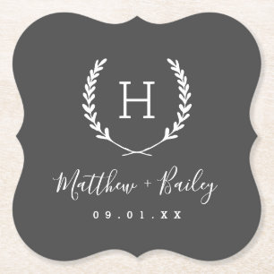 Laurel Crest Wedding Monogram Paper Coaster