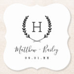 Laurel Crest Wedding Monogram Paper Coaster<br><div class="desc">Personalize the template with the bride and groom's names or monogram initials. Add your wedding date, the city, state or venue name or any other custom text. This modern rustic logo-style design has a laurel branch frame with your monogram initial. Use the design tools to choose any colours, edit the...</div>