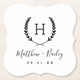 Laurel Crest Wedding Monogram Paper Coaster
