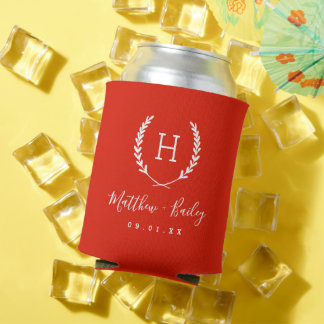 Laurel Crest Wedding Monogram | Red Can Cooler