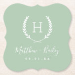 Laurel Crest Wedding Monogram | Sage Paper Coaster<br><div class="desc">Personalize the template with the bride and groom's names or monogram initials. Add your wedding date, the city, state or venue name or any other custom text. This modern rustic logo-style design has a laurel branch frame with your monogram initial. Use the design tools to choose any colours, edit the...</div>
