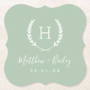 Laurel Crest Wedding Monogram   Sage Paper Coaster