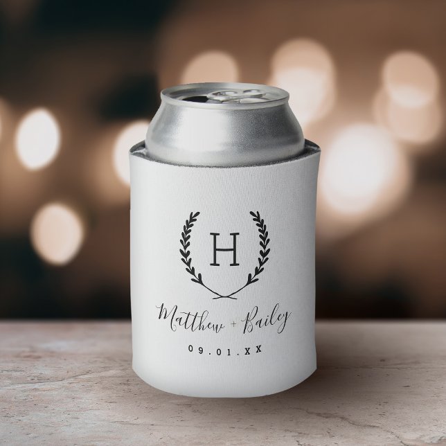 Laurel Crest Wedding Monogram | White Can Cooler (Creator Uploaded)