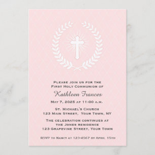 Laurel, Cross, Pink, First Communion Invitation