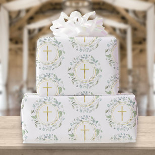 Laurel Garland Christian Gold Cross Wrapping Paper