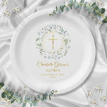 Laurel Garland Faux Gold Foil Baptism Christening Paper Plate<br><div class="desc">A decorative laurel garland,  gold rings and crucifix sit above your special baptism or christening paper plate information on this elegant gender-neutral design.  Designed by Thisisnotme©</div>