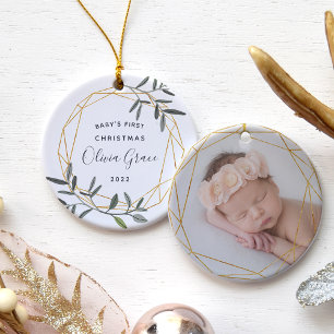 Laurel Leaf Baby's First Christmas Photo Ceramic Ornament