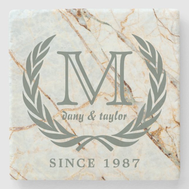 Laurel Leaf Classic Monogram Beautiful Marble Stone Coaster (Front)