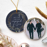 Laurel Leaf First Engaged Christmas Ceramic Ornament<br><div class="desc">Celebrate your first Christmas as an engaged couple with this charming and festive ornament. Round design features "our first Christmas engaged" in modern block and script lettering, surrounded by a faux gold foil border accented with green winter leaves. Personalize with your names and the year, and add a photo to...</div>