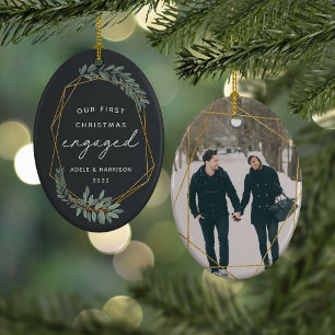 Laurel Leaf First Engaged Christmas Photo Ceramic Ornament
