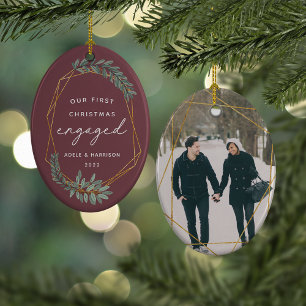 Laurel Leaf First Engaged Christmas Photo Ceramic Ornament