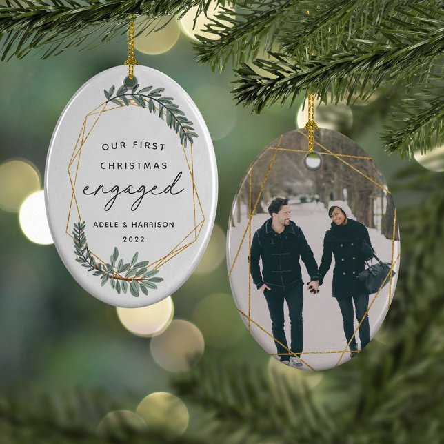 Laurel Leaf First Engaged Christmas Photo Ceramic Ornament (Creator Uploaded)