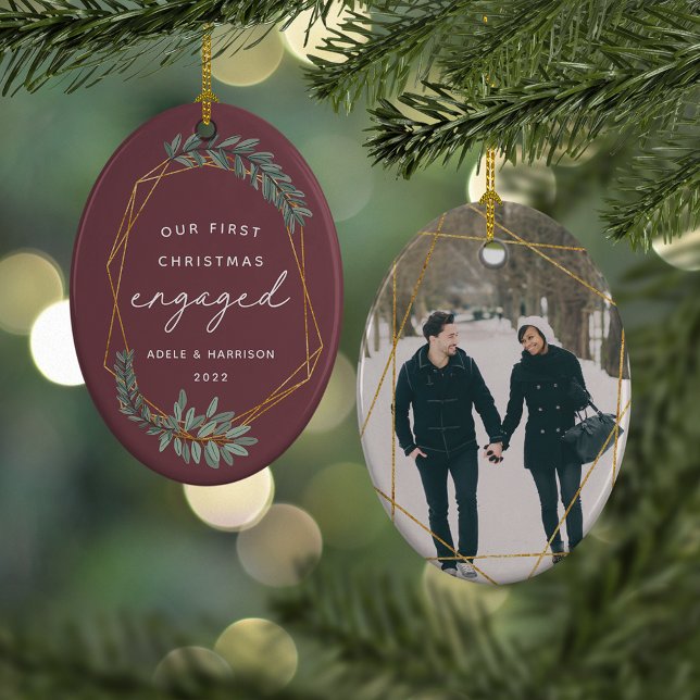 Laurel Leaf First Engaged Christmas Photo Ceramic Ornament (Creator Uploaded)