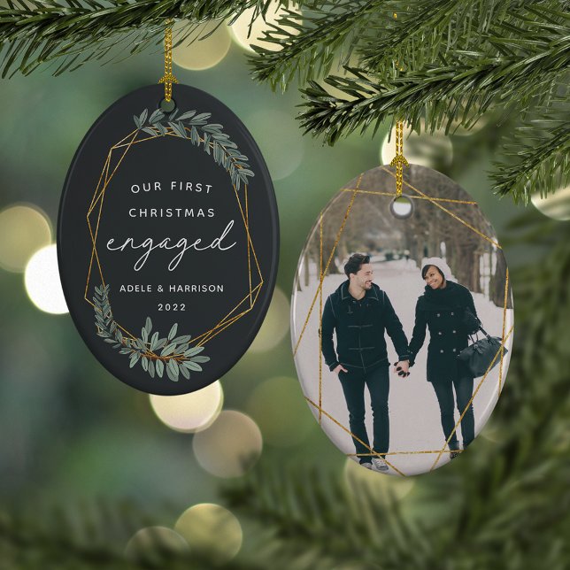 Laurel Leaf First Engaged Christmas Photo Ceramic Ornament (Creator Uploaded)