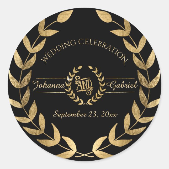Laurel Leaf Wreath Black Gold Wedding Celebration Classic Round Sticker (Front)