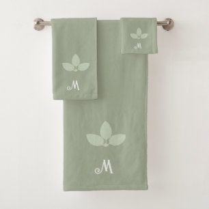Laurel Leaves & Monogram on Sage Bath Towel Set