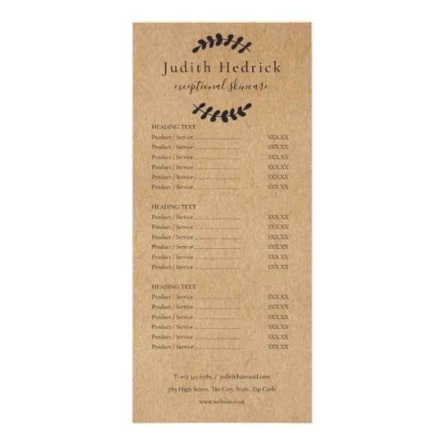 Laurel Leaves Rustic Kraft Salon Service Menu (Front)