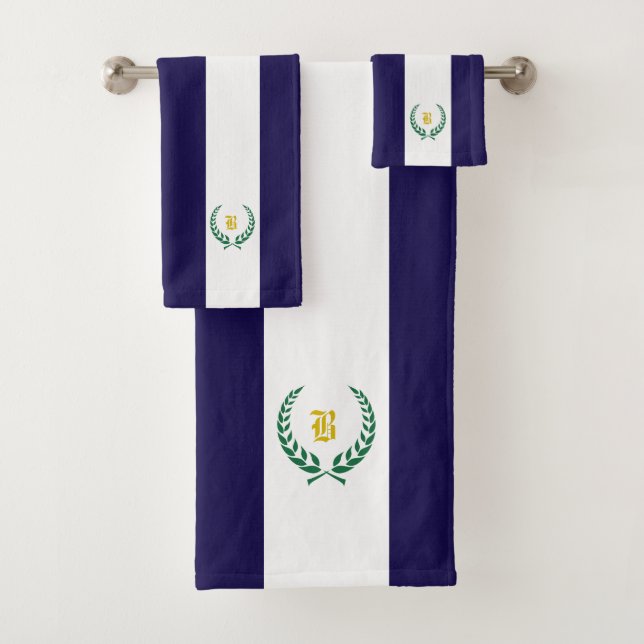 Laurel & monogram on navy blue & white striped bath towel set (Insitu)