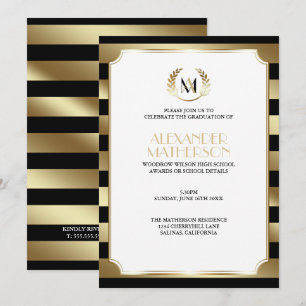 Laurel Monogrammed Black and Gold Graduation Invitation