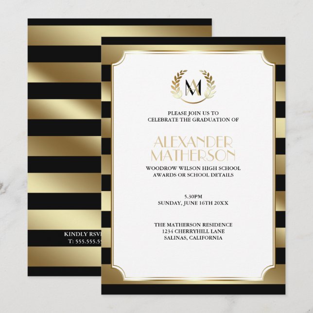 Laurel Monogrammed Black and Gold  Graduation Invitation (Front/Back)