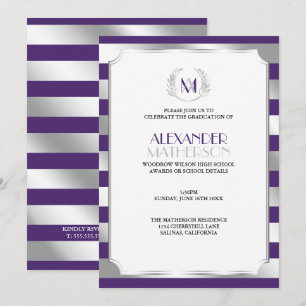 Laurel Monogrammed Purple and Silver Graduation Invitation