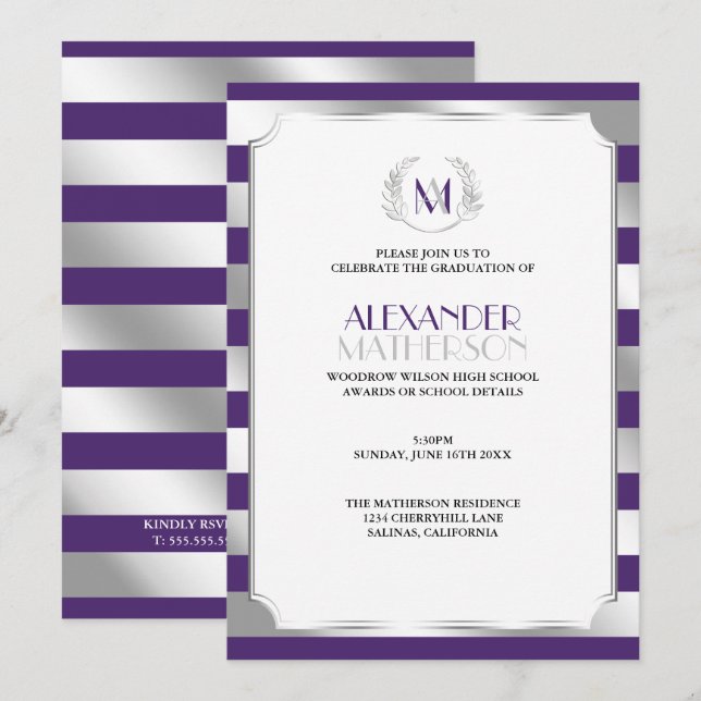 Laurel Monogrammed Purple and Silver Graduation Invitation (Front/Back)