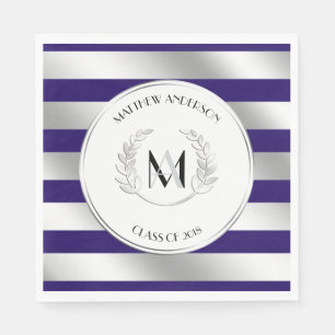Laurel Monogrammed Silver and Blue Grad Party Napkin