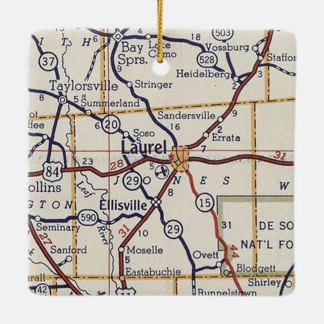 Laurel MS Vintage Map Ceramic Ornament (Back)