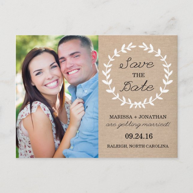 Laurel Save the Date Photo Carte postale / Burlap (Devant)