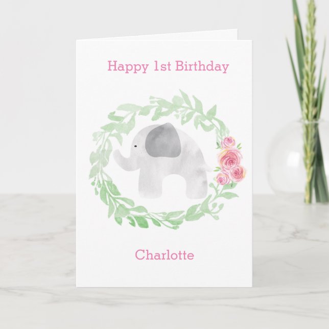 Laurel Watercolor Grey Elephant 1st Birthday Card (Front)