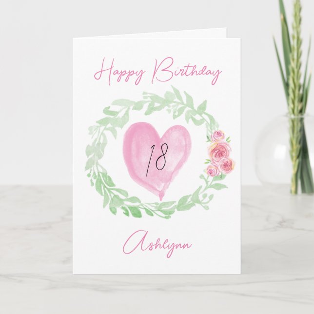 Laurel Watercolor Pink Heart 18th Birthday Card (Front)