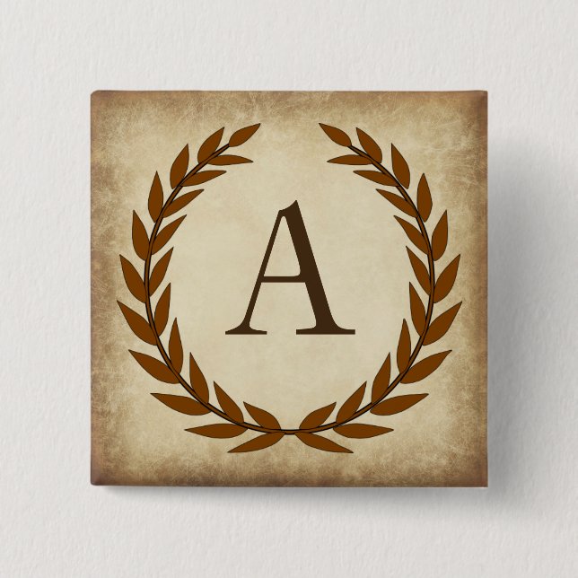 Laurel Wreath Aged Papyrus Monogram Initial A 2 Inch Square Button (Front)