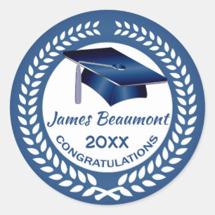 Laurel wreath, blue mortar Class of any year Classic Round Sticker