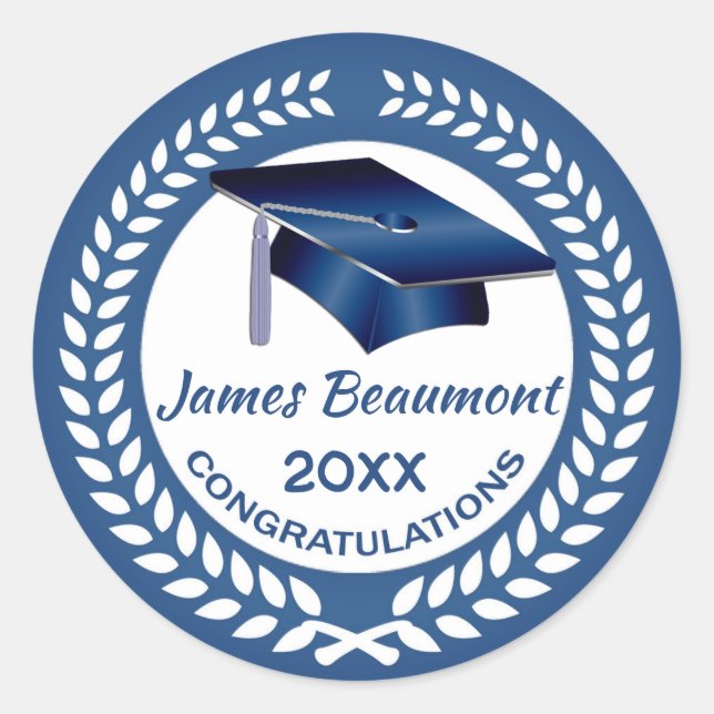 Laurel wreath, blue mortar Class of any year Classic Round Sticker (Front)