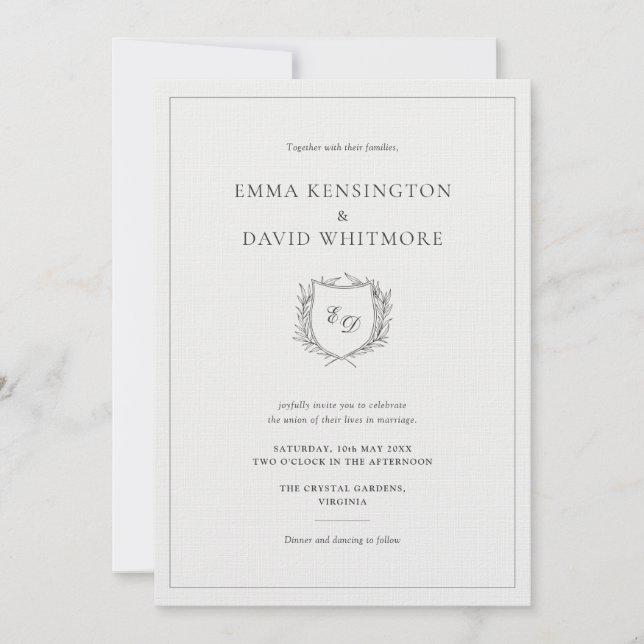 Laurel Wreath & Crest Minimalist Elegant Wedding Invitation (Front)