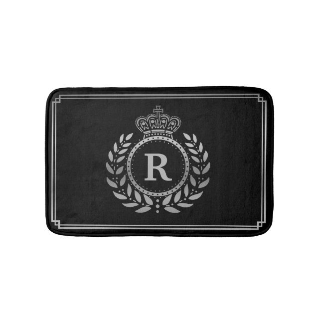 Laurel Wreath Crown Monogrammed Silver Black Royal Bath Mat (Front)