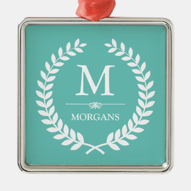 Laurel Wreath Decor Pastel Teal Family Monogram Metal Ornament (Front)