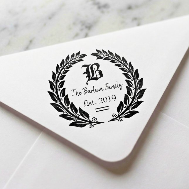 Laurel Wreath Family Monogram Self-inking Stamp (Family Crest Monogram Self-Inking Stamp)