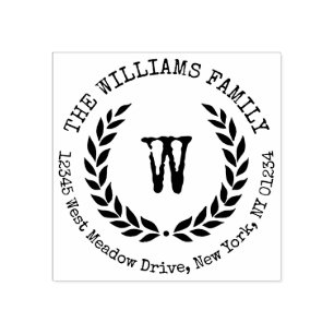 Laurel Wreath Family Name Monogram Return Address Rubber Stamp