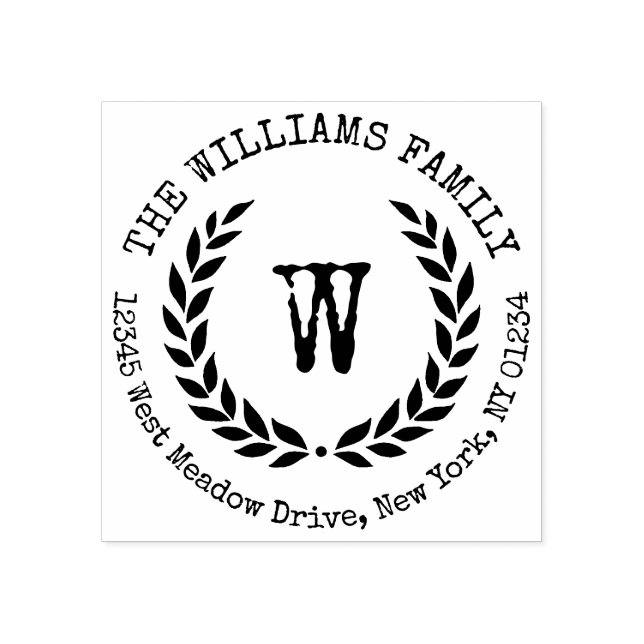 Laurel Wreath Family Name Monogram Return Address Rubber Stamp (Imprint)