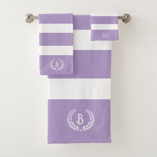 Laurel Wreath Lavender & White Stripes Pattern Bath Towel Set (Insitu)